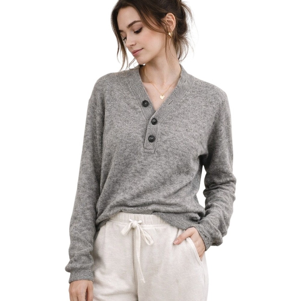 AUTUMN CASHMERE Gray 100% Cashmere knit Sweater Henley minimalist